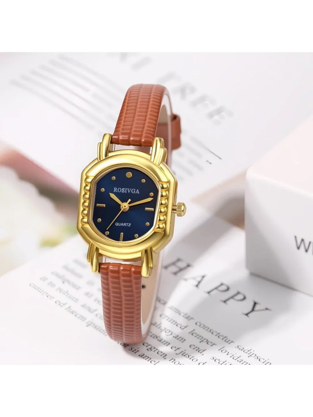 Women's Brown Blue Ultra-Thin Square Dial Adjustable PU Leather Strap Wristwatch